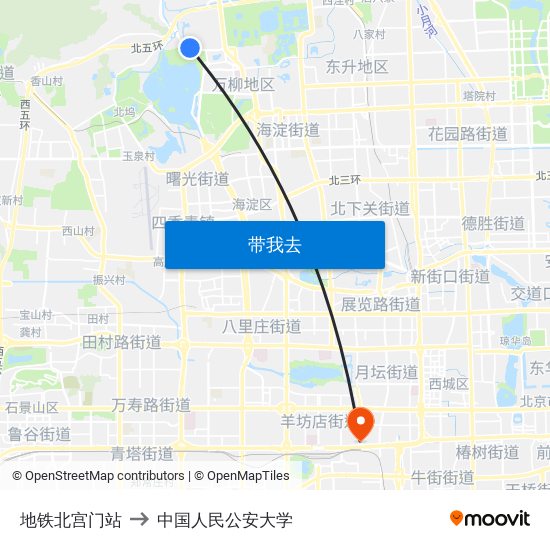 地铁北宫门站 to 中国人民公安大学 map