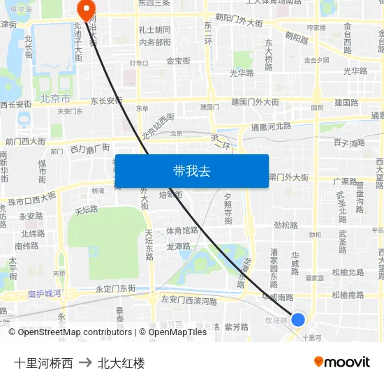 十里河桥西 to 北大红楼 map