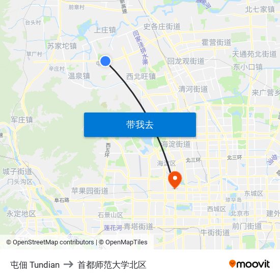 屯佃 Tundian to 首都师范大学北区 map