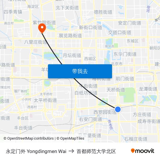 永定门外 Yongdingmen Wai to 首都师范大学北区 map