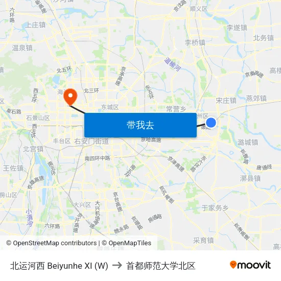 北运河西 Beiyunhe XI (W) to 首都师范大学北区 map