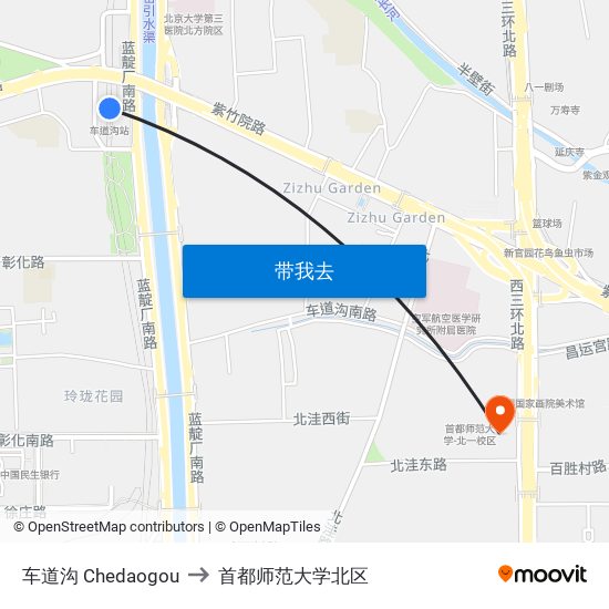 车道沟 Chedaogou to 首都师范大学北区 map