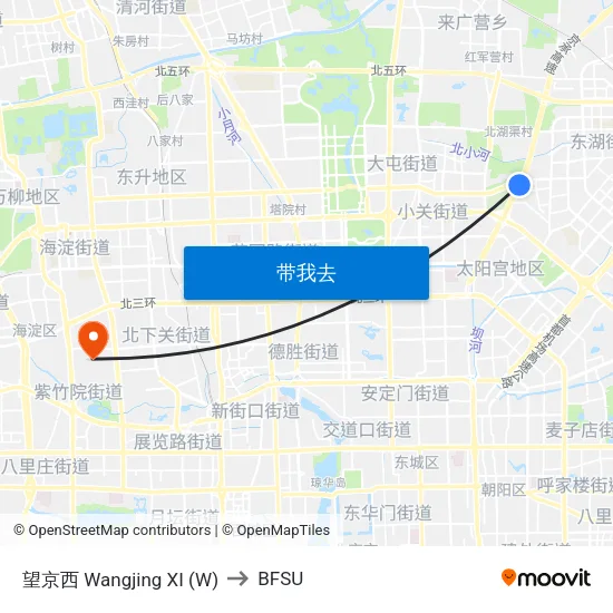 望京西 Wangjing XI (W) to BFSU map