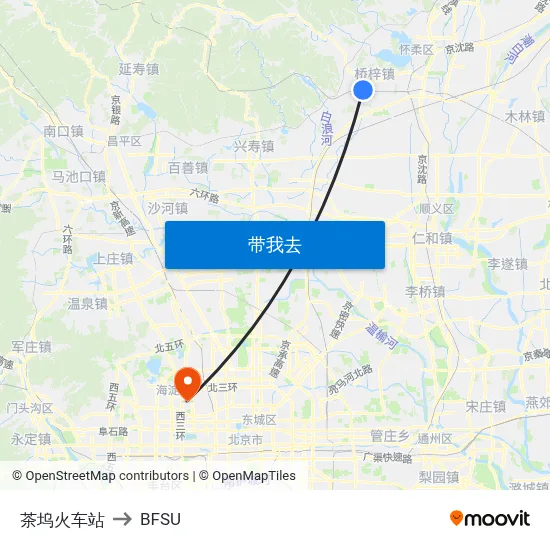 茶坞火车站 to BFSU map