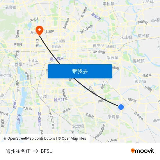通州崔各庄 to BFSU map