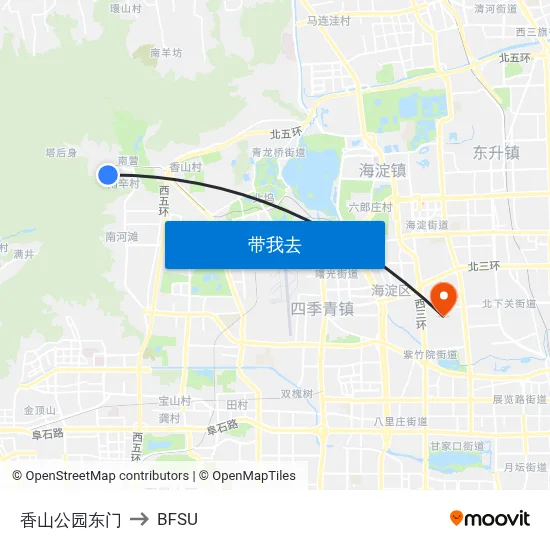 香山公园东门 to BFSU map