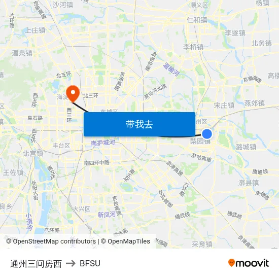 通州三间房西 to BFSU map