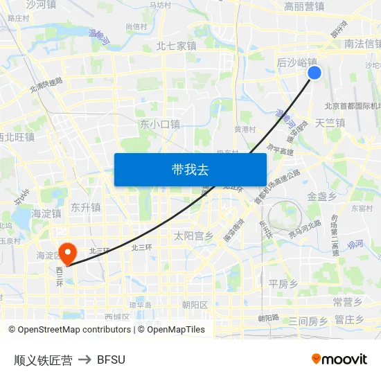 顺义铁匠营 to BFSU map