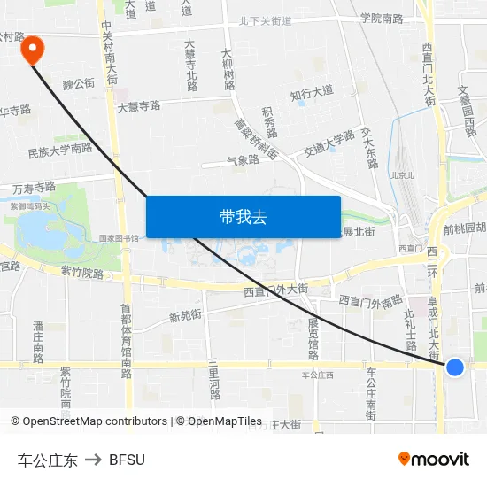 车公庄东 to BFSU map