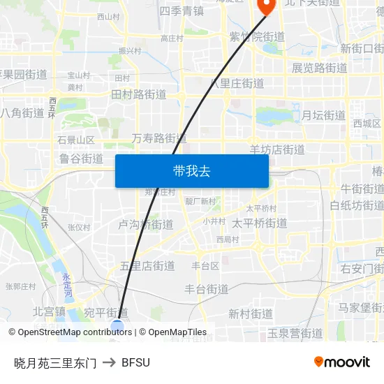 晓月苑三里东门 to BFSU map