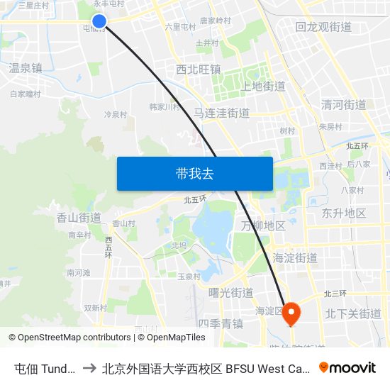 屯佃 Tundian to 北京外国语大学西校区 BFSU West Campus map