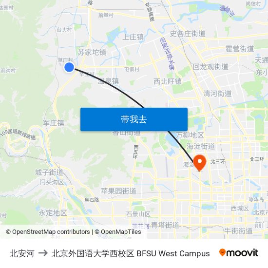 北安河 to 北京外国语大学西校区 BFSU West Campus map