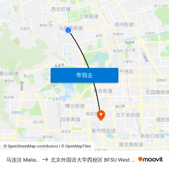 马连洼 Malianwa to 北京外国语大学西校区 BFSU West Campus map