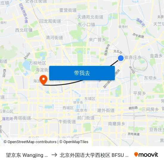 望京东 Wangjing Dong (E) to 北京外国语大学西校区 BFSU West Campus map