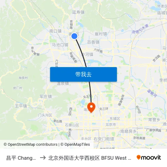 昌平 Changping to 北京外国语大学西校区 BFSU West Campus map