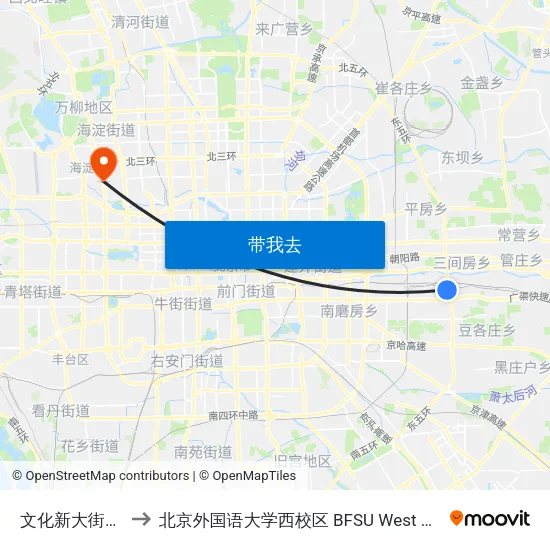 文化新大街东站 to 北京外国语大学西校区 BFSU West Campus map