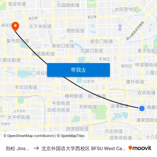 劲松 Jinsong to 北京外国语大学西校区 BFSU West Campus map