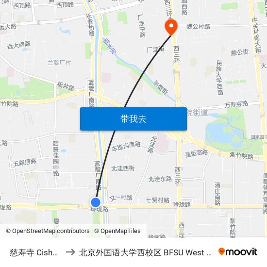 慈寿寺 Cishou Si to 北京外国语大学西校区 BFSU West Campus map