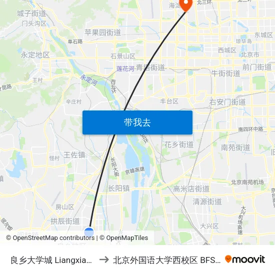 良乡大学城 Liangxiang Univ. Town to 北京外国语大学西校区 BFSU West Campus map