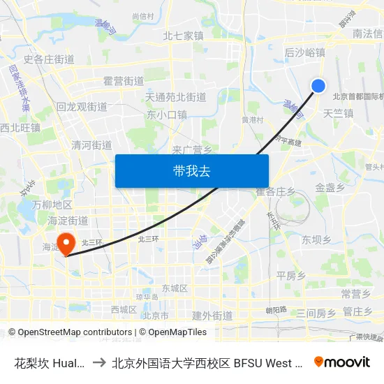 花梨坎 Hualikan to 北京外国语大学西校区 BFSU West Campus map