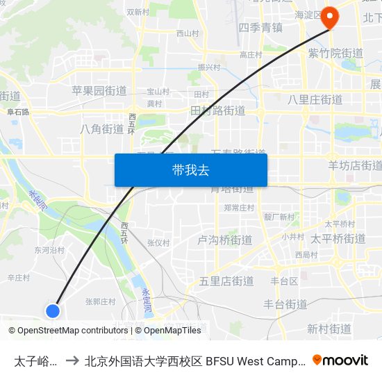 太子峪北 to 北京外国语大学西校区 BFSU West Campus map
