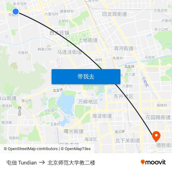 屯佃 Tundian to 北京师范大学教二楼 map