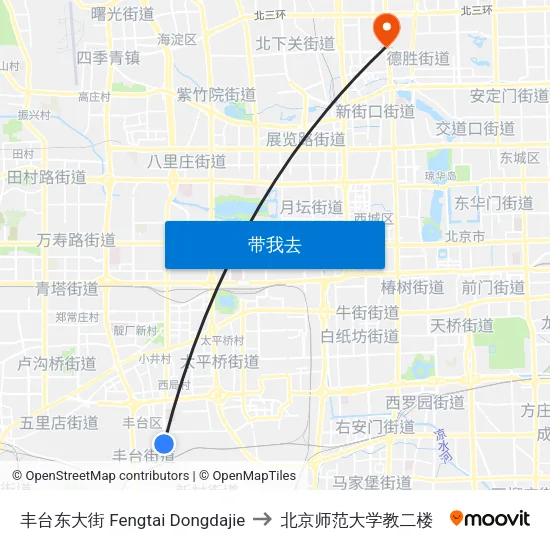 丰台东大街 Fengtai Dongdajie to 北京师范大学教二楼 map
