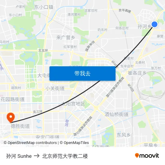 孙河 Sunhe to 北京师范大学教二楼 map