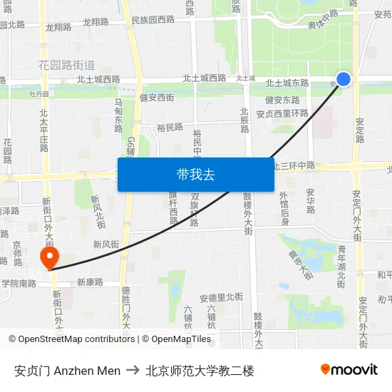 安贞门 Anzhen Men to 北京师范大学教二楼 map