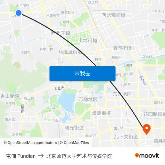 屯佃 Tundian to 北京师范大学艺术与传媒学院 map