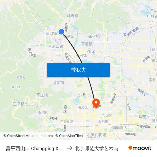 昌平西山口 Changping Xishankou to 北京师范大学艺术与传媒学院 map