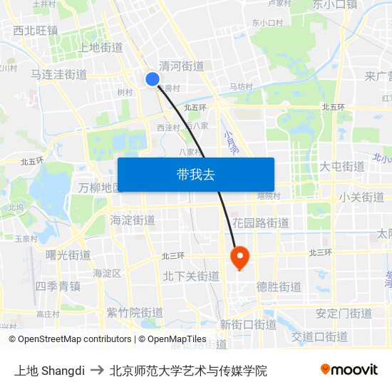 上地 Shangdi to 北京师范大学艺术与传媒学院 map