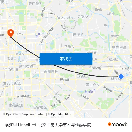 临河里 Linheli to 北京师范大学艺术与传媒学院 map