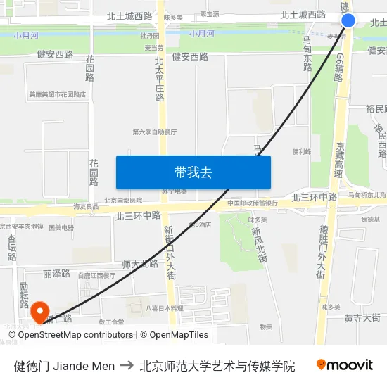 健德门 Jiande Men to 北京师范大学艺术与传媒学院 map