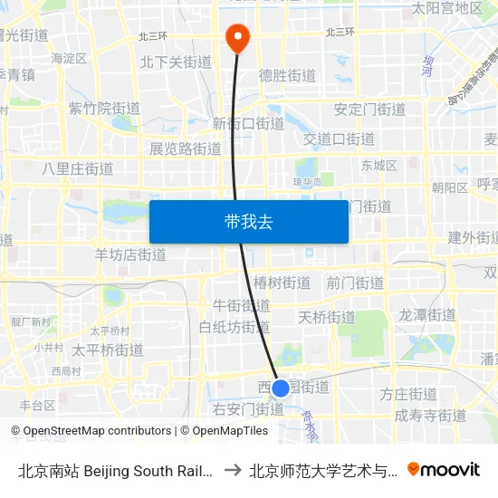 北京南站 Beijing South Railway Station to 北京师范大学艺术与传媒学院 map