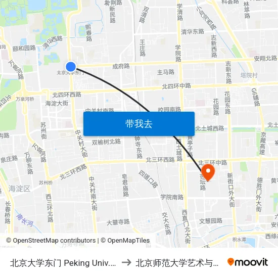 北京大学东门 Peking Univ.East Gate to 北京师范大学艺术与传媒学院 map