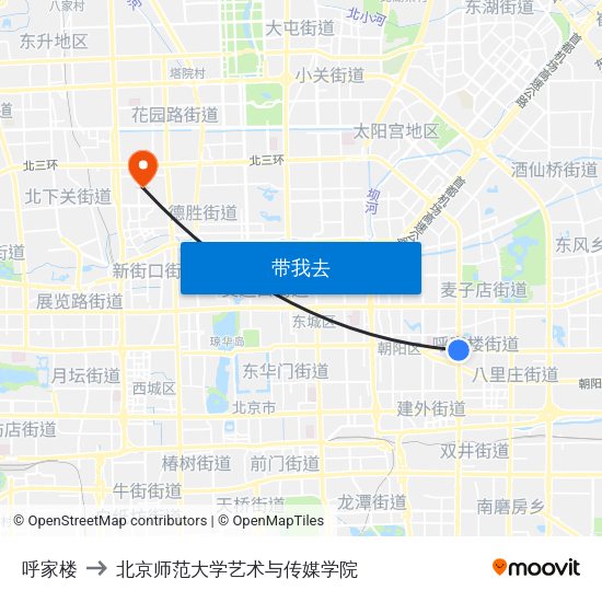 呼家楼 to 北京师范大学艺术与传媒学院 map