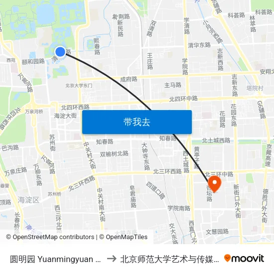 圆明园 Yuanmingyuan Park to 北京师范大学艺术与传媒学院 map