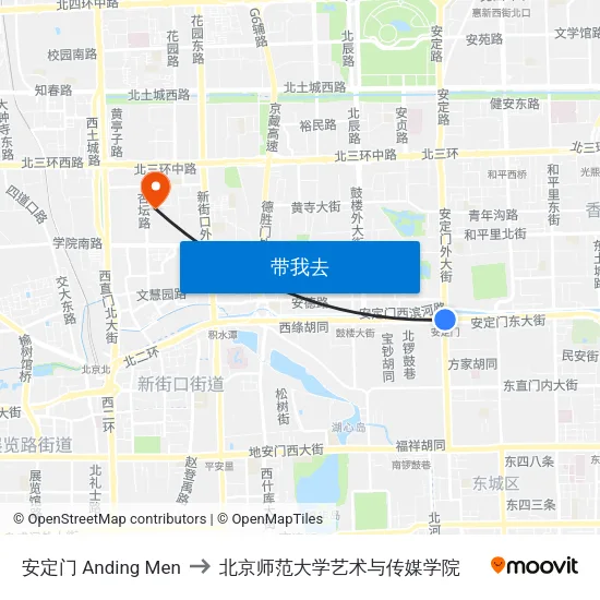 安定门 Anding Men to 北京师范大学艺术与传媒学院 map