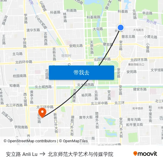 安立路 Anli Lu to 北京师范大学艺术与传媒学院 map