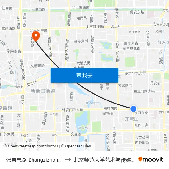 张自忠路  Zhangzizhong Lu to 北京师范大学艺术与传媒学院 map