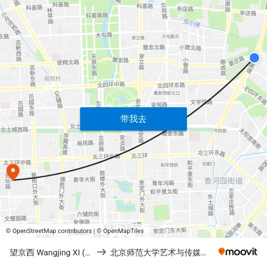 望京西 Wangjing XI (W) to 北京师范大学艺术与传媒学院 map