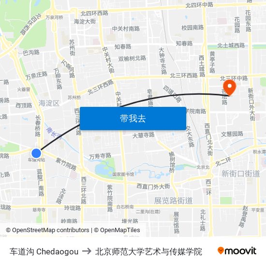 车道沟 Chedaogou to 北京师范大学艺术与传媒学院 map