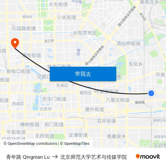 青年路 Qingnian Lu to 北京师范大学艺术与传媒学院 map
