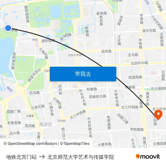 地铁北宫门站 to 北京师范大学艺术与传媒学院 map