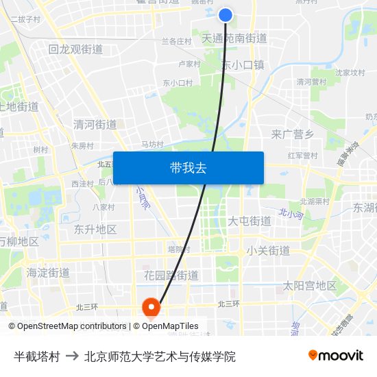 半截塔村 to 北京师范大学艺术与传媒学院 map