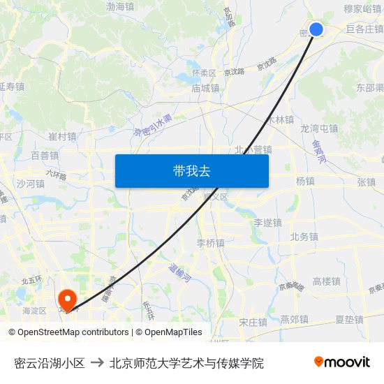 密云沿湖小区 to 北京师范大学艺术与传媒学院 map