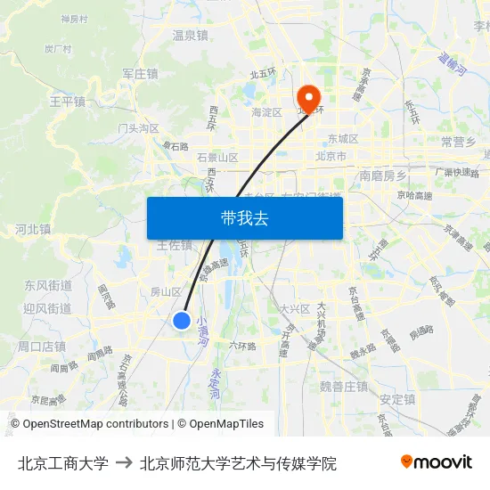 北京工商大学 to 北京师范大学艺术与传媒学院 map