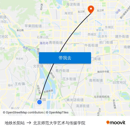 地铁长阳站 to 北京师范大学艺术与传媒学院 map