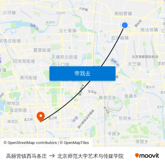 高丽营镇西马各庄 to 北京师范大学艺术与传媒学院 map